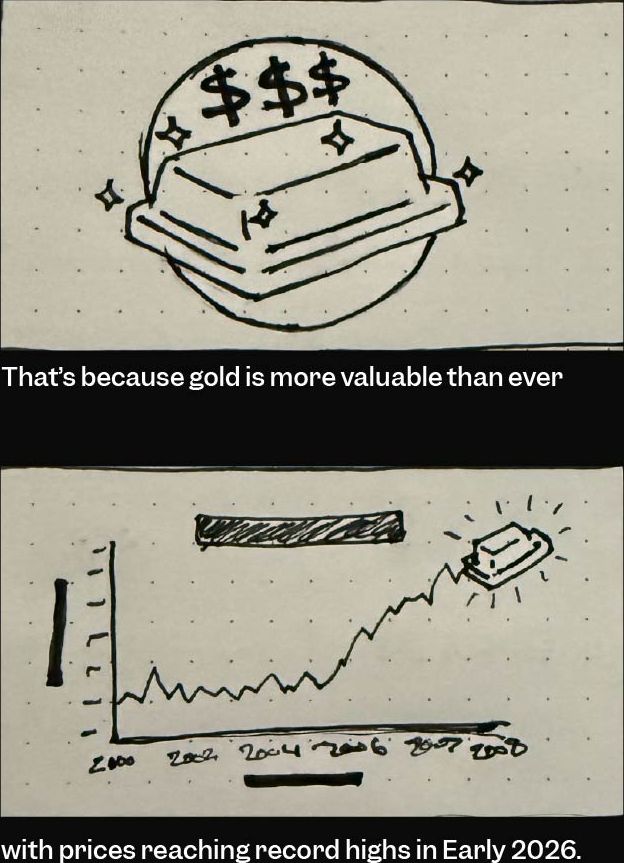 Hand-drawn storyboard frames for the gold price graph sequence