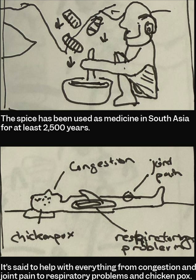 Hand-drawn storyboard frames for the turmeric medicine sequence