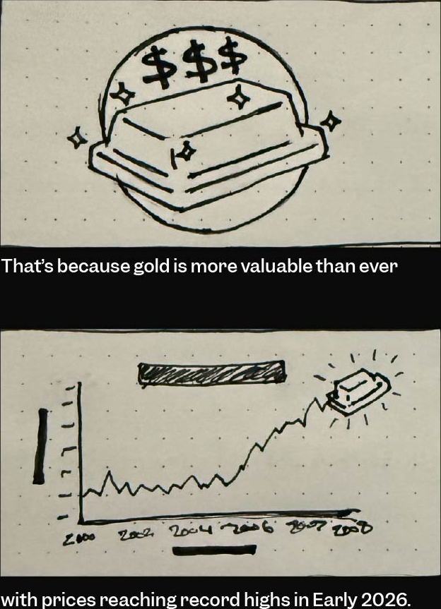 Hand-drawn storyboard frames for the gold price graph sequence